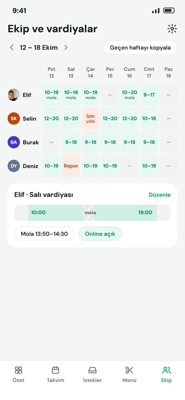 Ekip ve vardiyalar: Mola, izin, rapor; haftayı kopyala