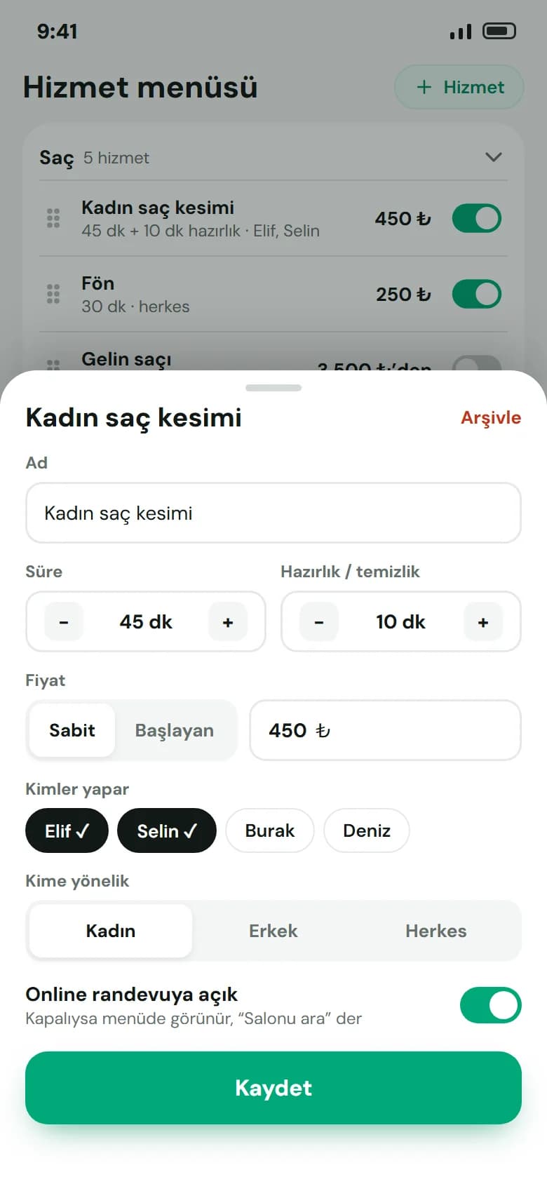 Hizmet menüsü: Süre, hazırlık payı, fiyat, kim yapar
