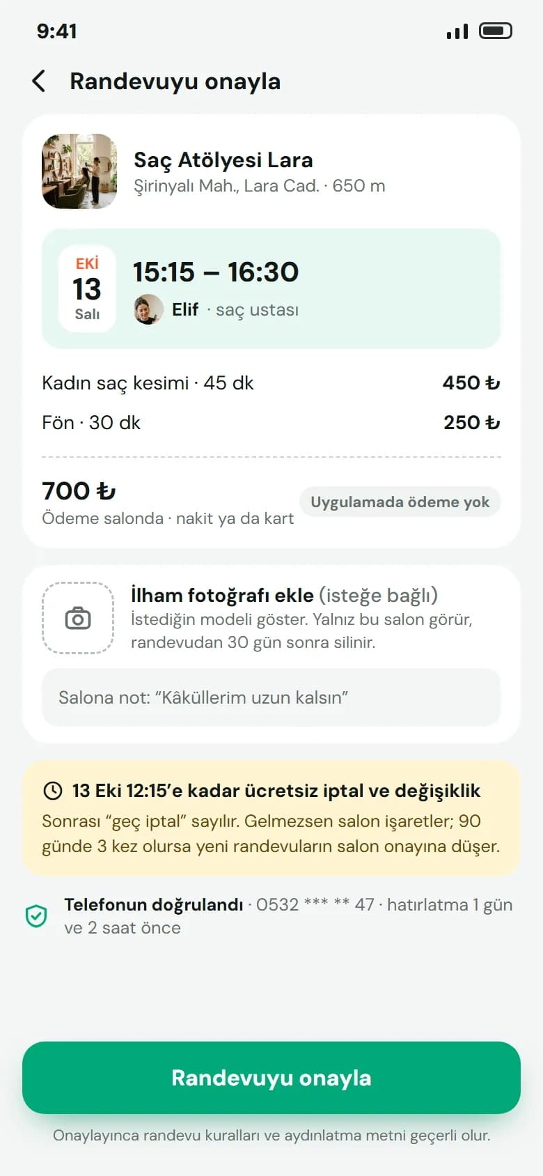 Müşterinin onayı: Ödeme salonda, iptal süresi açıkça yazılı