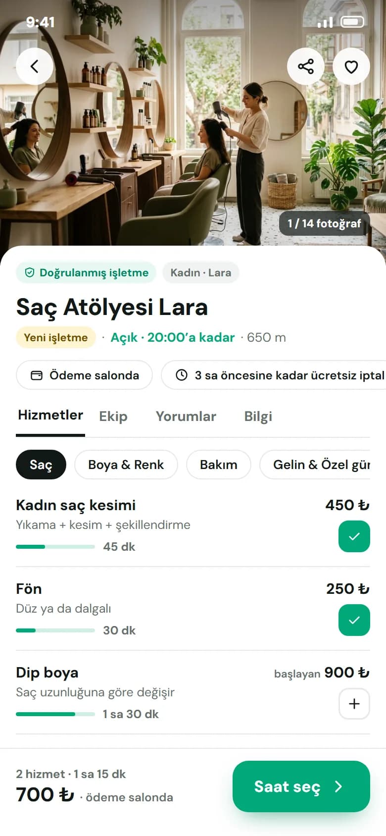 Vitrin sayfan: Müşterinin gördüğü salon sayfası